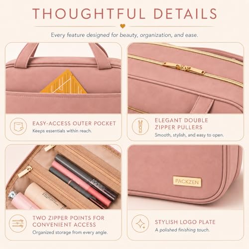 Pink Hanging Travel Toiletry Bag for Women, Large Makeup Bag and Cosmetic Organizer, Soft-touch Vegan Leather, TSA Approved Clear Pouch, Gifts for Women - view 4