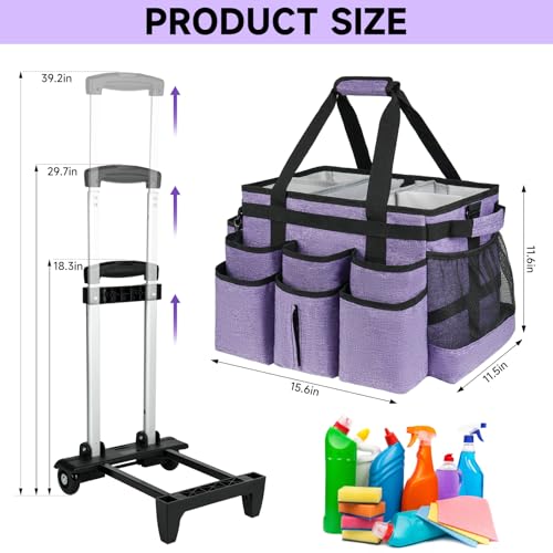 Large Rolling Cleaning Caddy Bag with Detachable Trolley,Cleaning Cart on Wheels with Shoulder Strap,Cleaning Supplies Organizer for Housekeepers,Purple - view 5
