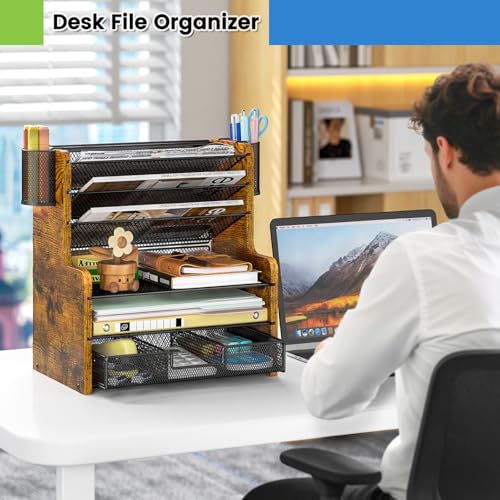 6-Tier Mesh Desk Organizer with Drawer, Wooden Office Organizer for Papers, Folders & Office Supplies - Sturdy Desktop File Holder with 2 Pen Holders - Space Saving Home Office Accessories - view 2