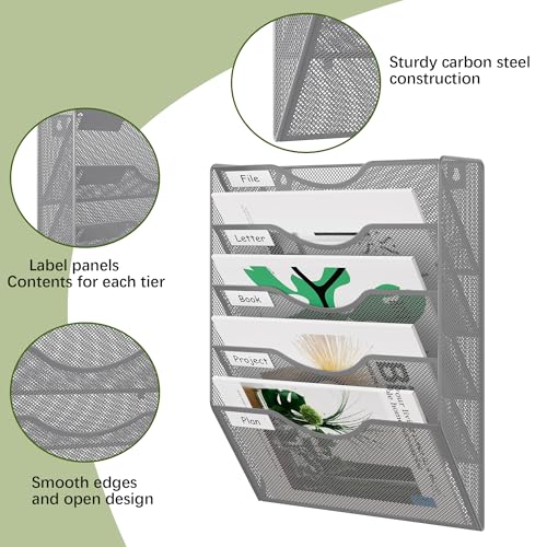 Wall File Organizer 5 Tier Hanging Paper Folder Holder, Zero Assembly Metal Mesh Wall Mounted Mail Organizer for Office Home Classroom Narrow Spaces, Silver - view 3