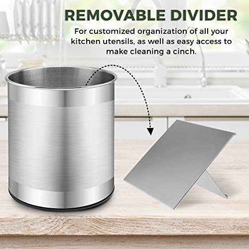 Extra Large Stainless Steel Kitchen Utensil Holder - 360° Rotating Utensil Caddy - Weighted Base for Stability - Countertop Organizer Crock With Removable Divider (Brushed Stainless Steel) - view 4