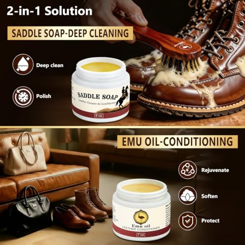 Leather Boot Care Kit, Emu Oil, Saddle Soap for Leather, Professional Leather Cleaner & Conditioner for Horse Tack, Shoes, Bags, Couch, Cowboy & Wood, Deep Clean Moisturize, Repair & Nourish - view 4