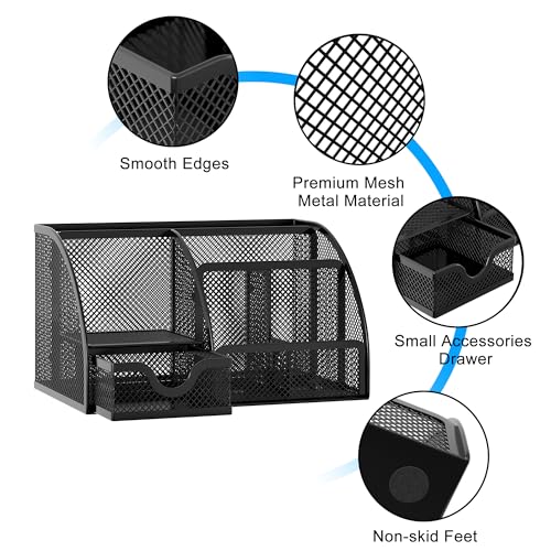 Mesh Desk Organizer with Drawer Multi-functional Pen Holder Stationery Organizer for Office School Supplies 6 Compartments Dorm Organizers and Storage for Desk, Black - view 3