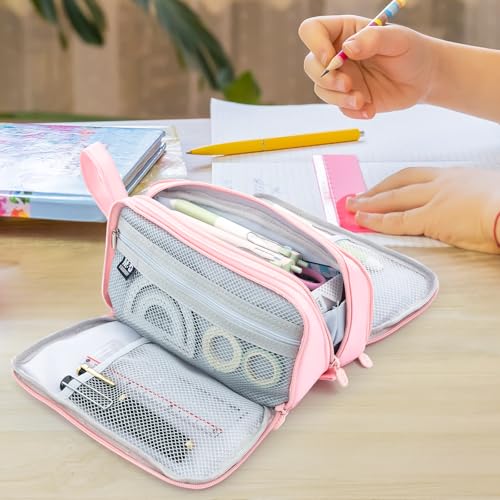 Large Pencil Case 3 Compartment Pouch Pen Bag Pink - view 7