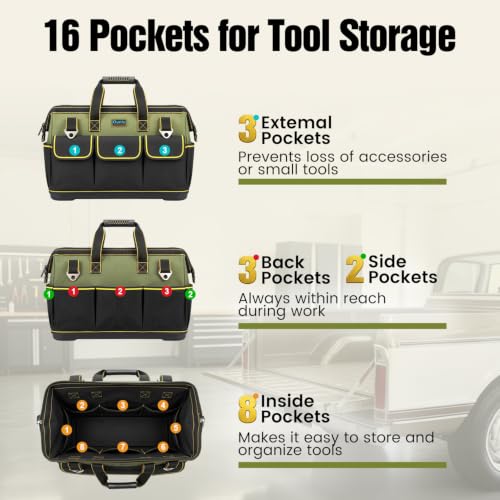 18 Inch Heavy Duty Tool Bag, 16-Pocket Portable Tool Box Organizer - view 3