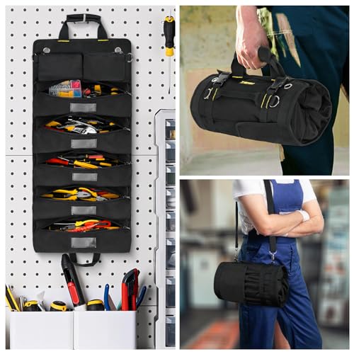 Tool Bag,Large Roll Up Tool Bag Organizer,13 Pockets Tool Roll Storage Pouch,Heavy Duty Portable Tool Storage Carrier Bag for Men,Mechanic,Electrician,Valentines Day Gifts for Men,Black - view 5