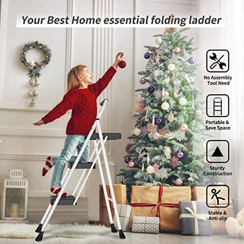 3 Step Ladder Folding Step Stool with Wide Anti-Slip Pedals and Comfort Handgrip for Kitchen Household and Office, Lightweight Capacity 500lbs Sturdy Step Ladder (White) - view 4