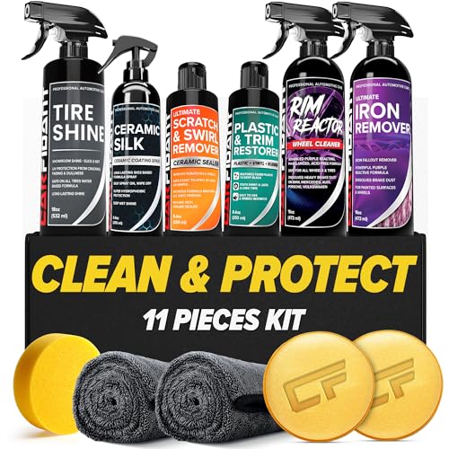 Ultimate Clean & Protect Kit – 11-Piece Complete Car Detailing Bundle – Tire Shine, Ceramic Silk, Scratch & Swirl Remover, Plastic & Trim Restorer, Rim Reactor, Iron Remover