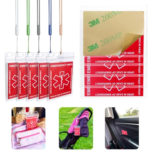 12 Pack Emergency Contact Cards with 10 Card Sleeves - Child ID Card for Car Seat Safety Stickers and Backpack Tags for Kids - Life Alert for Travel,Camping,Medical Fokder,Daycare Essential