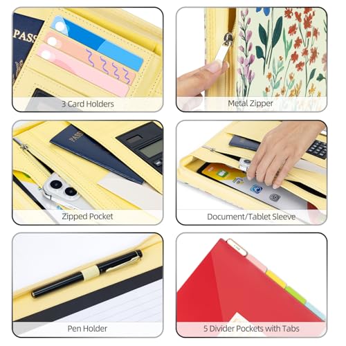 Leather Clipboard Binder with Storage - 3 Ring Zippered Padfolio Portfolio Folder - Calculator, 12.1” Tablet Sleeve, 5 Dividers with Pocket, Refillable Notepad, Card Slot (Floral) - view 4