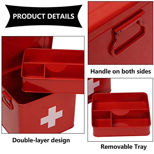 First Aid Kit, First Aid Medicine Supplies Bin - 2-Tier Metal Medicine Storage Tin, First Aid Box with Removable Tray for Home Emergency Tool Set-Red - view 4