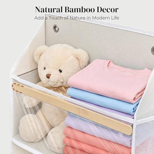 5 Tiers Natural Bamboo Over Door Organizer with 10 Mesh Side Pockets, 50 lbs Weight Capacity Hanging Storage Organizer with Clear Window Kids Toys, Shoes, Diapers, Warm Beige - view 5