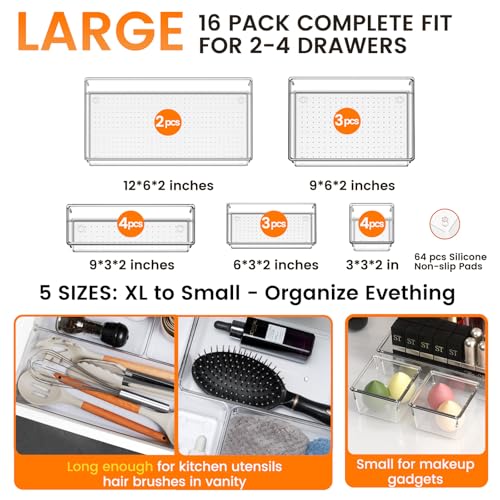 16 Pack Large Clear Plastic Drawer Organizer Bins - 5 Size Acrylic Bathroom and Vanity Organizers and Storage Trays for Makeup Office Home, Kitchen Drawer Organizer for Utensils, Gadgets - view 2