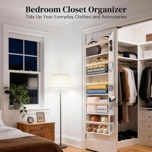 5 Tiers Natural Bamboo Over Door Organizer with 10 Mesh Side Pockets, 50 lbs Weight Capacity Hanging Storage Organizer with Clear Window Kids Toys, Shoes, Diapers, Warm Beige - view 3