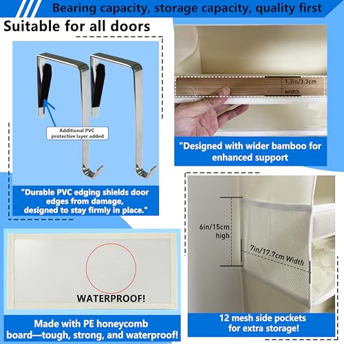 Over the Door Organizer Storage 6 Tier, 12 Large Capacity Side Pockets, Heavy Duty Metal Reinforced Hook Anti Tilt 75 LB Load Behind Door Storage for Bedroom Bathroom Pantry Nursery - view 4
