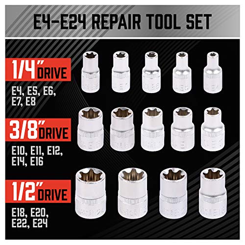 14-Piece E-TORX Socket Set - Premium Female Torx Socket Set, Ultimate Torque Star Sockets, External Torx Sockets, E4 E5 E6 E7 E8 E10 E11 E12 E14 E16 E18 E20 E22 E24 - view 3