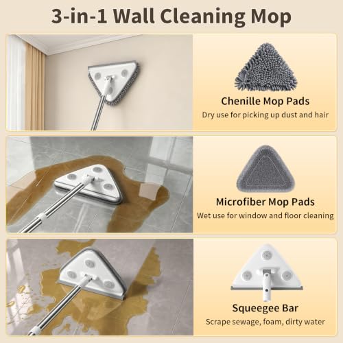 Wall Cleaner Mop with Long Handle, Baseboard Cleaner Tool with Extension Pole & Squeegee, 3-in-1 Ceiling Cleaning Tool Duster with 3 Microfiber and 3 Chenille Pads for Washing Window, Floor, Cabinet - view 2