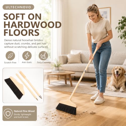 Horsehair Broom for Hardwood Floors, Soft Bristle Indoor Sweeping Brush with Pine Wood Head, Anti-Static Dust Remover for Home Kitchen, 37 Inch Wood Long Handl - view 2