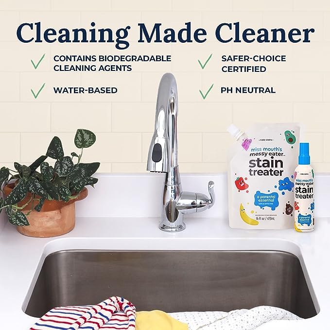 Messy Eater Stain Treater - 4oz 2-Pack Spray & 16oz Refill Pouch - Laundry Spot Cleaner for Baby Clothes, Carpet & Fabric - view 5