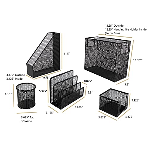 Black Desk Organizer Set | 5-Piece Metal Office Supplies Collection with Hanging File Organizer, Magazine Holder, Pen Cup, Sticky Note Holder & Letter Sorter | Workspace Organization - view 6