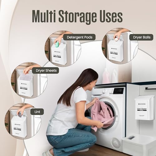 Magnetic Lint Bin for Laundry Room with Dryer Lint Brush - Slim Wall Mounted Trash Can with Lid - Modern Farmhouse Storage Organizer & Debris Collector - Space-Saving White Metal Holder - view 5