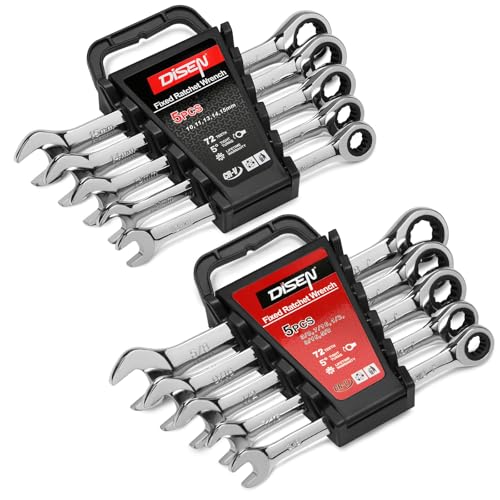 10Pcs Ratcheting Wrench Set SAE & Metric Ratchet Wrench Set with Rack Organizer, Premium CR-v Steel, 12 Point, 72 Teeth,Box End and Open End Ratcheting Wrench Set,Metric 10-15mm&SAE 3/8''-5/8''
