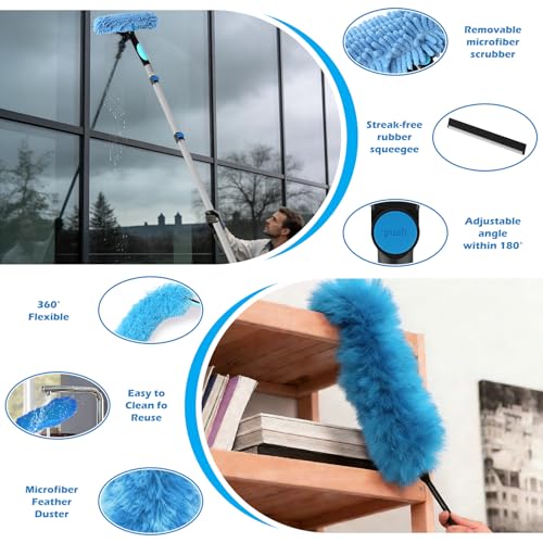 16FT Reach High Ceiling Duster Kits with 3-12FT Adjustable Pole - Includes Extra Long Duster, High Ceiling Duster, Rotatable Window Squeegee & Cobweb Duster for Ceiling Fans and Whole House Cleaning - view 6