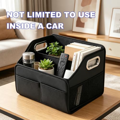 Car Storage Organizer, Large Capacity Foldable Car Caddy Basket with Metal Handle & Movable Divider, Multi-Pocket Trunk Organizer Front Back Seat Storage Box for Most Cars - view 5