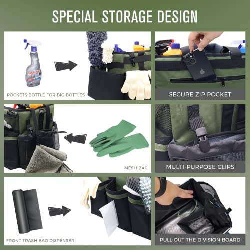 Wearable Cleaning Caddy Organizer with Handle & Shoulder Straps for Housekeepers, Under Sink & Car Cleaning Tool Organizer Bag with 4 Foldable Dividers (Green) - view 2