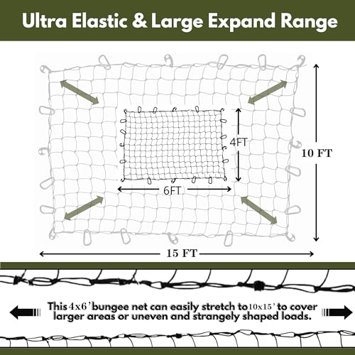 4'x6' Pickup Truck Bed Cargo Net, Heavy Duty Bungee Cargo Net Stretches to 10' x 15' Roof Rack Net with 4"x4" Mesh Grid and 12 Metal Carabiners - view 2