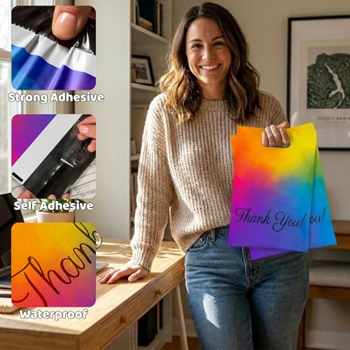Rainbow Poly Mailers with Handle, 10x13, 100 Pack, Thank You Bags - view 3