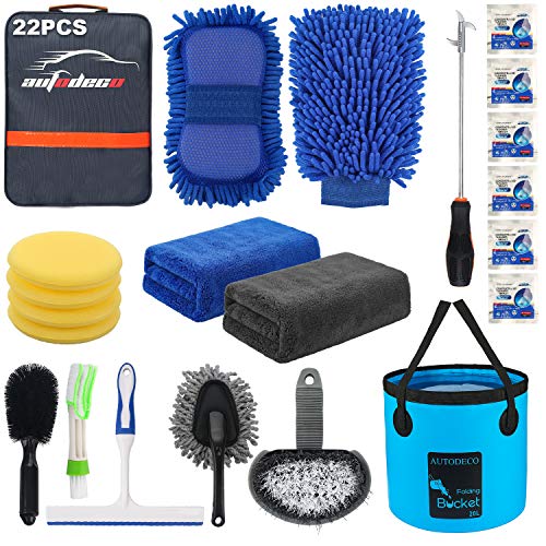 22Pcs Car Wash Cleaning Tools Kit Car Detailing Set with Blue Canvas Bag Collapsible Bucket Wash Mitt Sponge Towels Tire Brush Window Scraper Duster Complete Interior Car Care Kit