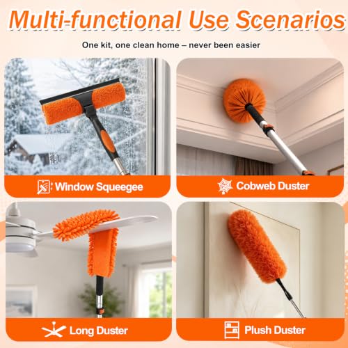 30FT Reach High Ceiling Duster Kit, Window Cleaning kit with 5-24FT Extension Pole, Fan Duster for Ceiling Fan Blades, Microfiber Feather Duster, Rotatable Window Squeegee and Cobweb Duster - view 4