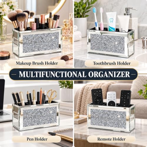 Mirrored Makeup Brush Holder Organizer with Crushed Diamond, 3 Slots - view 5