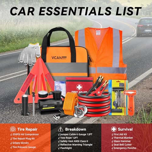 Car Emergency Safety Kit Bag with Portable Air Compressor, Jumper Cables,First Aid Kit, Tire Pressure Gauge, Auto Vehicle Safety Road Side Assistance Kits Essentials,for Women, Men, Teen - view 2