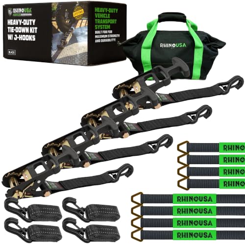 Car Hauler Tie Down Straps (4-Pack) - 2inx8ft with J Hooks