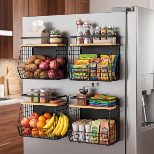 Magnetic Shelf for Fridge with Wood Lid, Fruit Potato and Onion Storage Bins, Pantry Organizers & Storage, Large Container Magnetic Spice Rack for Refrigerator, Kitchen Counter (Black, 2) - view 2