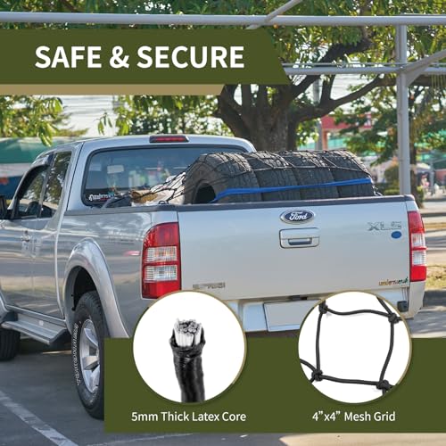 4'x6' Pickup Truck Bed Cargo Net, Heavy Duty Bungee Cargo Net Stretches to 10' x 15' Roof Rack Net with 4"x4" Mesh Grid and 12 Metal Carabiners - view 3