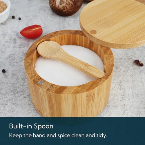 Bamboo Salt Cellar Bowl Box Container with Built-in Spoon, Elegant Kitchen Salt Dish Holder Saver Jar with Swivel Magnetic Lid to Storage Pepper Spice, 6OZ - view 3