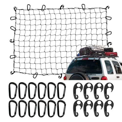 4'x6' Pickup Truck Bed Cargo Net, Heavy Duty Bungee Cargo Net Stretches to 10' x 15' Roof Rack Net with 4"x4" Mesh Grid and 12 Metal Carabiners