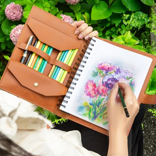 CALLIE Personalized Sketchbook Cover A5 with Storage Pocket | Custom Name on PU Leather Notebooks Cover - Gifts for Teachers Artists Students (Open Book Birth Flower) - view 5