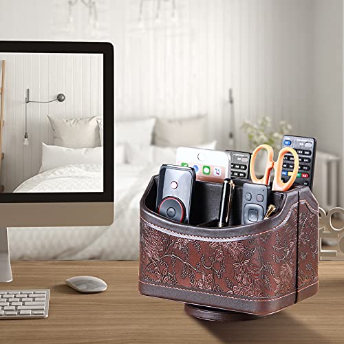 Antique Leather Remote Control Holder, 360 Degree Spinning Desk TV Remote Caddy/Box, Bedside Table Organizer for Controller, Media, Calculator, Mobile Phone and Pen Storage - view 5