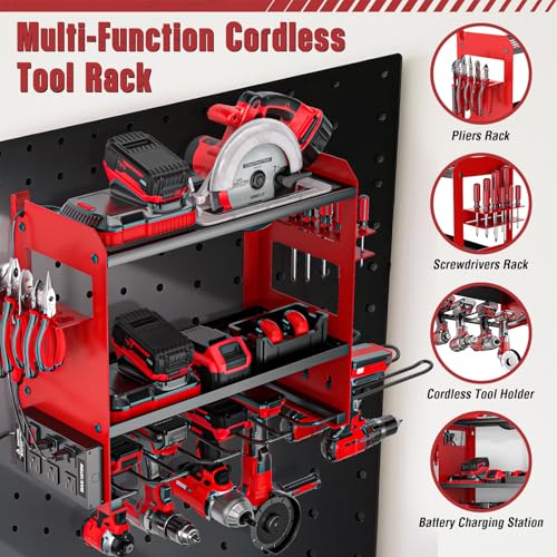 Power Tool Organizer Wall Mount with Charging Station, Cordless Tools Hanger and Battery Storage Rack for Garage Organization, Heavy Duty Drill Holder Shelf Build in Metal Power Strip - Red - view 6