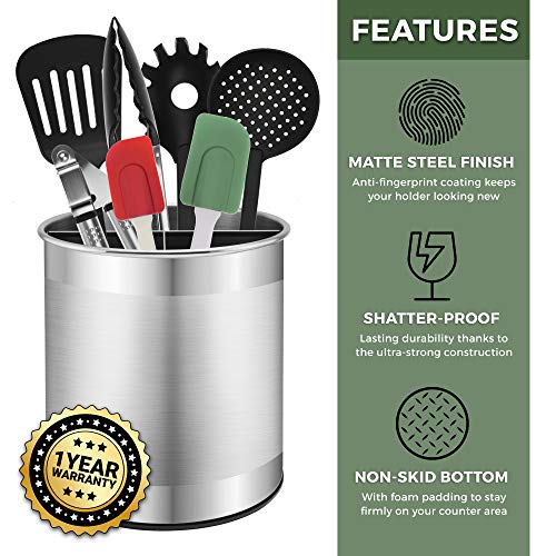 Extra Large Stainless Steel Kitchen Utensil Holder - 360° Rotating Utensil Caddy - Weighted Base for Stability - Countertop Organizer Crock With Removable Divider (Brushed Stainless Steel) - view 2