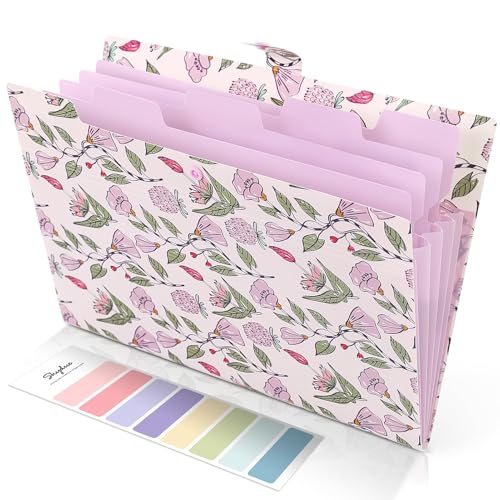 Accordion File Organizer, Floral Expanding File Folders with 5 Pockets, Cute Document Organizer for Paper Bills Receipt Storage, School Office & Hospital Supplies Letter/A4 Size Light Purple