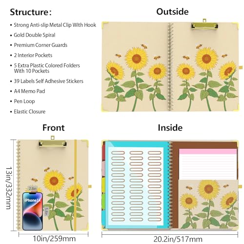 Clipboard Folder with Notepad Refillable Lined for Letter Size (11" x 8.5"), 5 Dividers with Storage 10 Pockets, Cute Spiral Foldable Clipboard with Metal Clip School Office Supplies (Sunflowers) - view 2