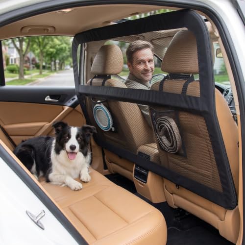 Dog Car Barrier for Cars SUVs Trucks – 50" Wide Pet Divider for Back Seat & Cargo Area, Heavy-Duty Metal Frame with Chew-Proof Transparent Mesh, Universal Fit Car Dog Gate for Travel Safety
