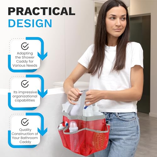 Mesh Shower Caddy – 7 Pocket Portable Organizer Tote for Dorm, Gym, Travel & Bathroom – Quick Dry Collapsible Bag for College Essentials, Toiletries & Cleaning Supplies (Pink) - view 4