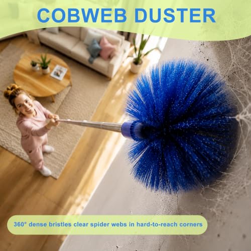 Cobweb Duster with Extension Pole, Spider Web Brush, 100" Microfiber Feather Duster, Washable Cleaning Kit for Ceiling Fan, Furniture, Home, Blue - view 2