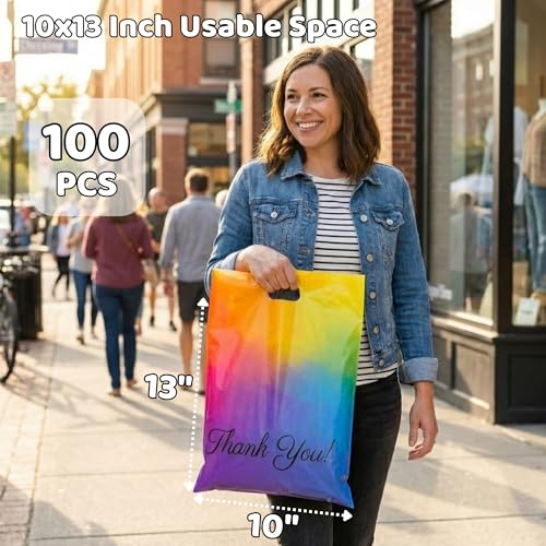 Rainbow Poly Mailers with Handle, 10x13, 100 Pack, Thank You Bags - view 4